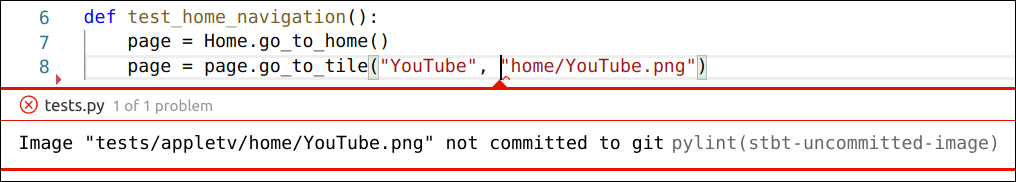 Image 'tests/appletv/home/YouTube.png' not committed to git - pylint(stbt-uncommitted-image)