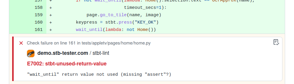 GitHub pull request 'diff' view with check failure: stbt-unused-return-value
