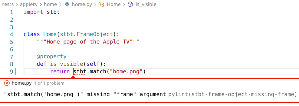stbt.match('home.png') missing 'frame' argument - pylint(stbt-frame-object-missing-frame)